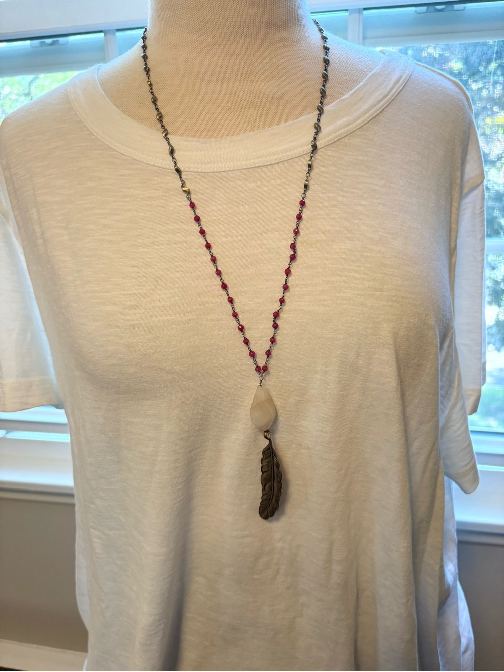 Boho Pink Beaded Long Necklace with Brass Feather Pendant